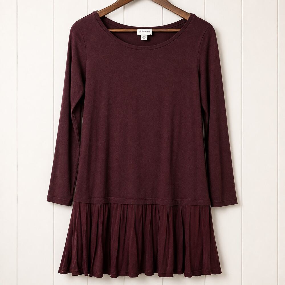LOFT Burgundy Pleated Dress Women's Medium Long Sleeve Crew Neck Knit Midi